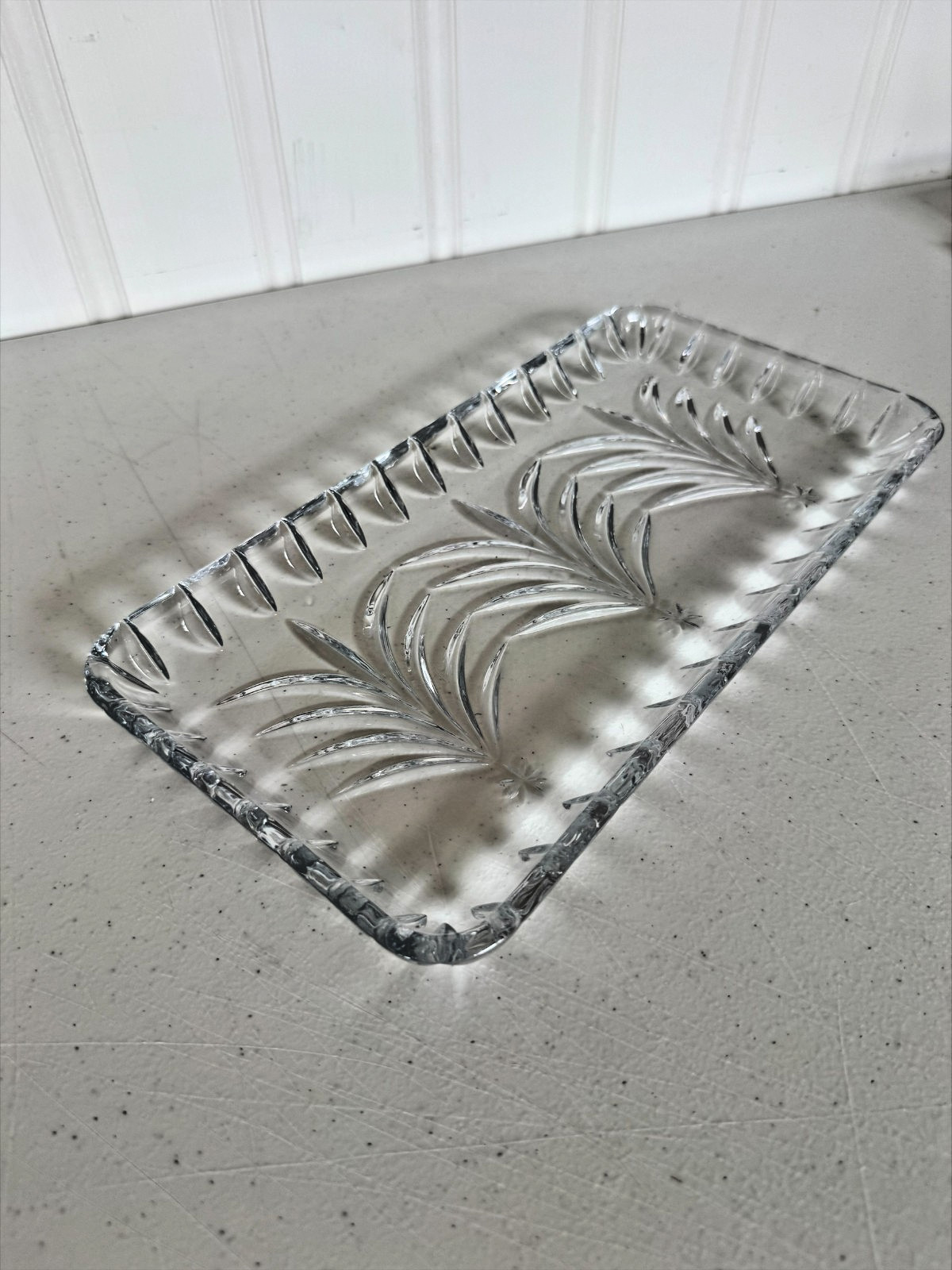 Heavy Cut Crystal Rectangular Serving Tray Leaf Pattern Clear Glass 13.5”