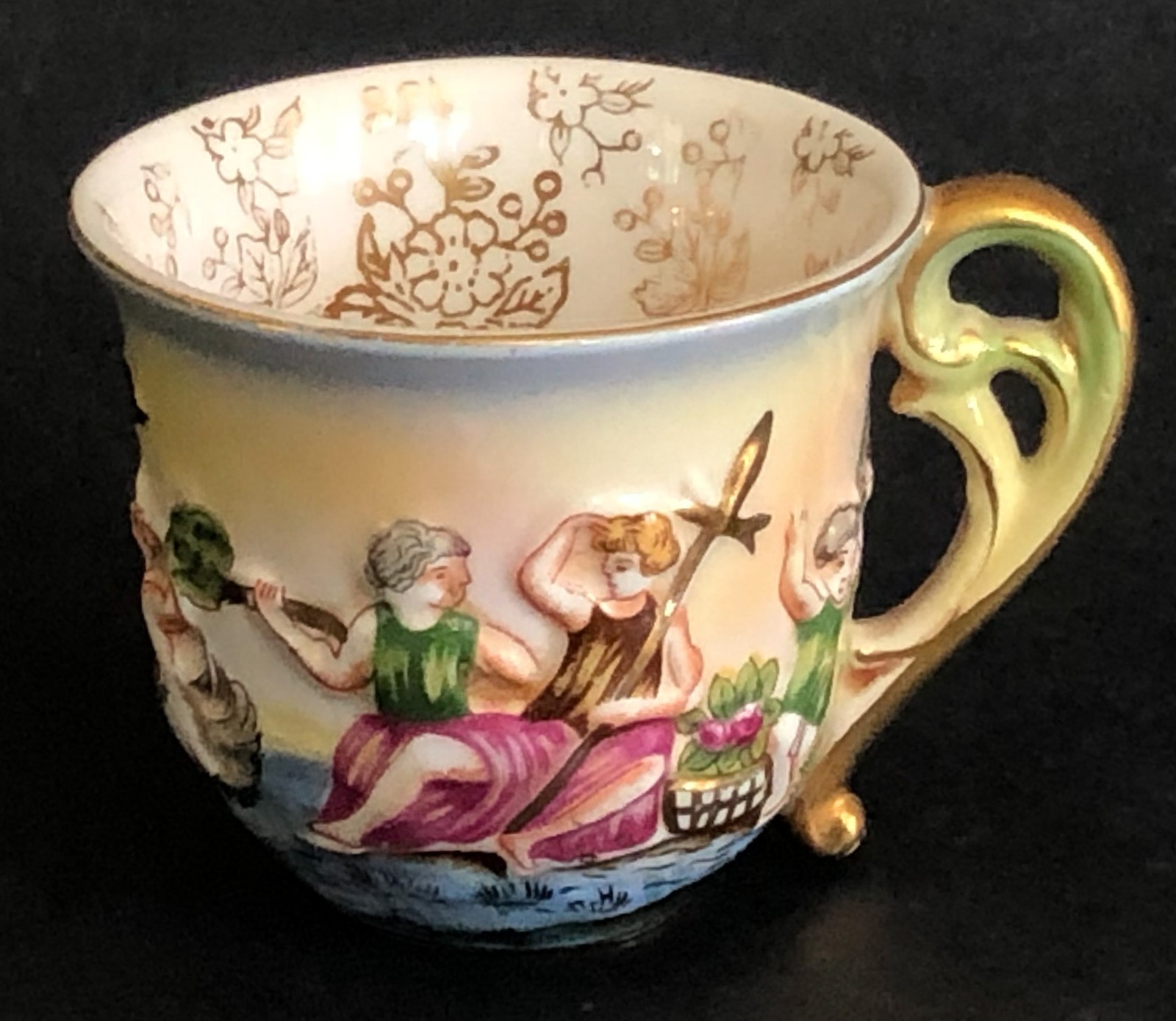 Vtg SGK Demitasse Cup Made in Occupied Japan Embossed Cherub Mermaid Instruments