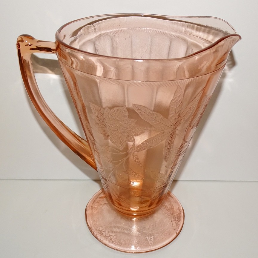 1931 Jeannette 7.75in Poinsettia Pink Depression Glass Footed Cone Pitcher 32oz