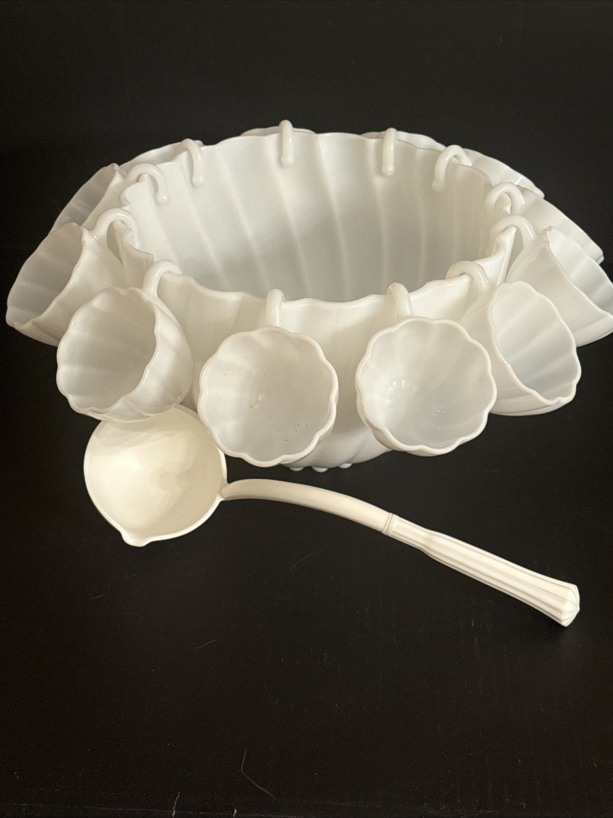 Vtg Hazel Atlas Milk Glass Alpine White Swirl Punch Bowl 12 Cups W Vtg Ladle