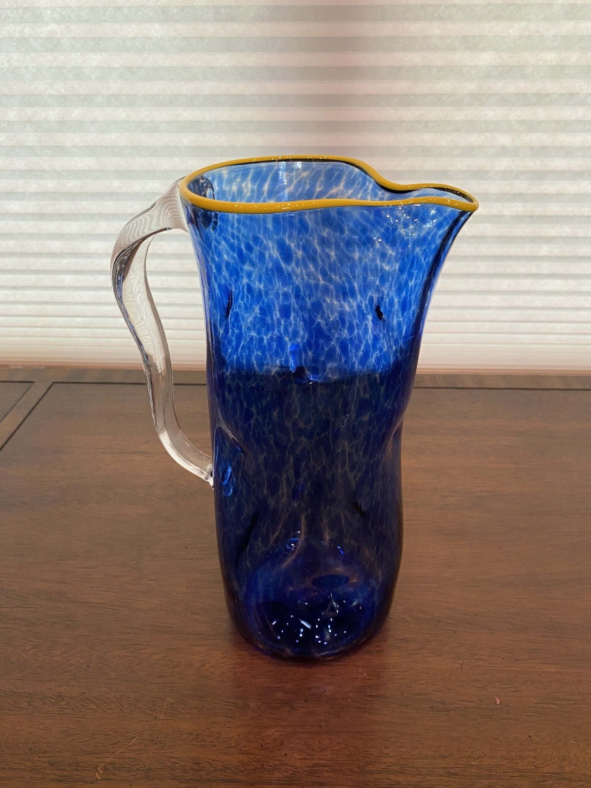 GEORGEOUS LARGE 2019 Cobalt Blue & Yellow Art Glass Pitcher 11.5″H Signed