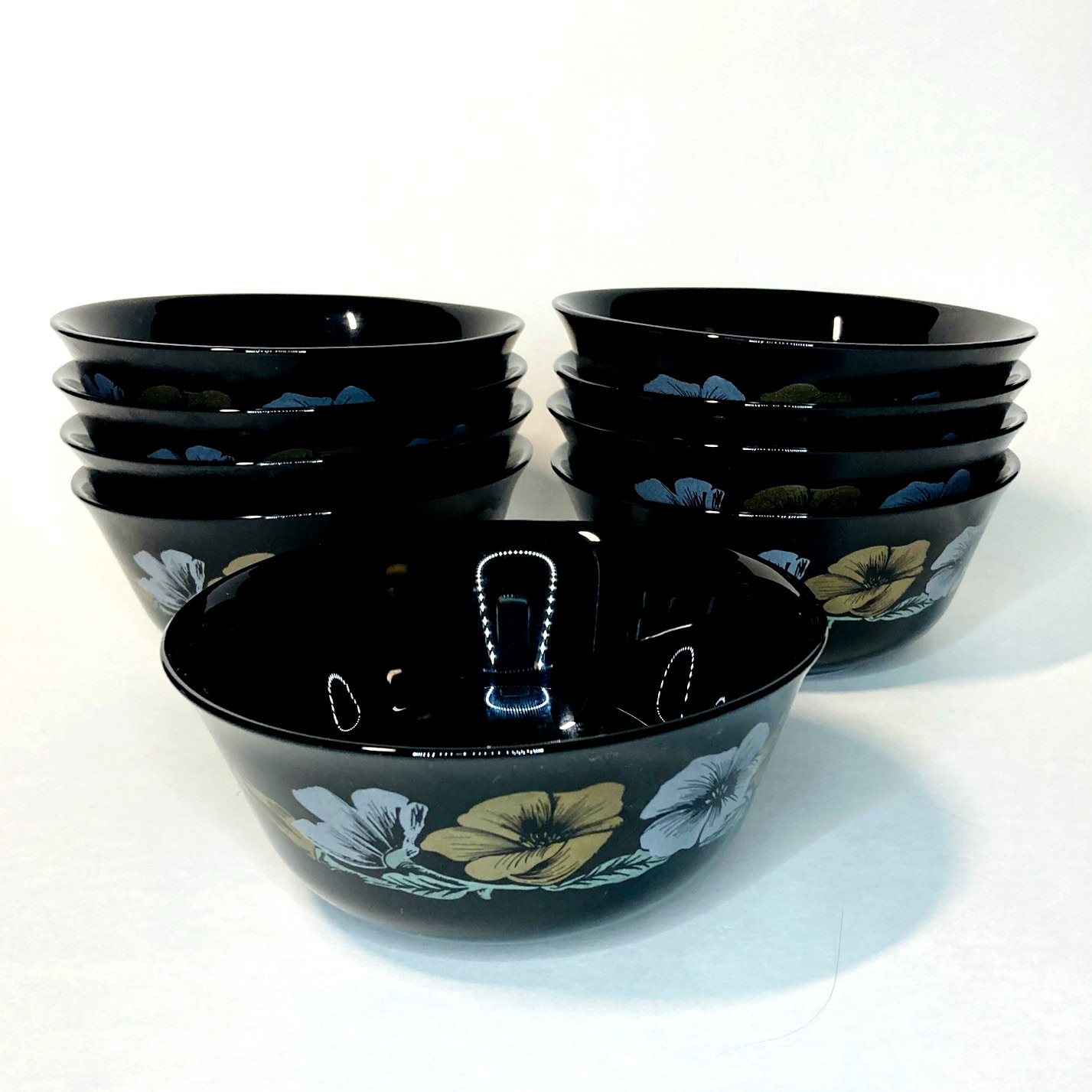 9pc Arcoroc JULIE Berry Fruit Bowl Black Glass France Gold Floral Vintage