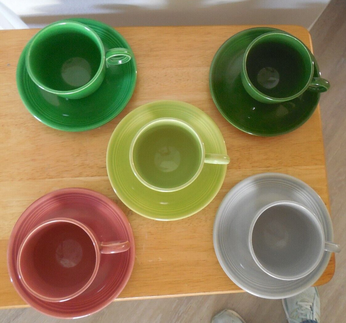5 Sets of Cups & Saucers, Fiesta 1950s Colors, Fiestaware 1950 to 1959, 10 pcs