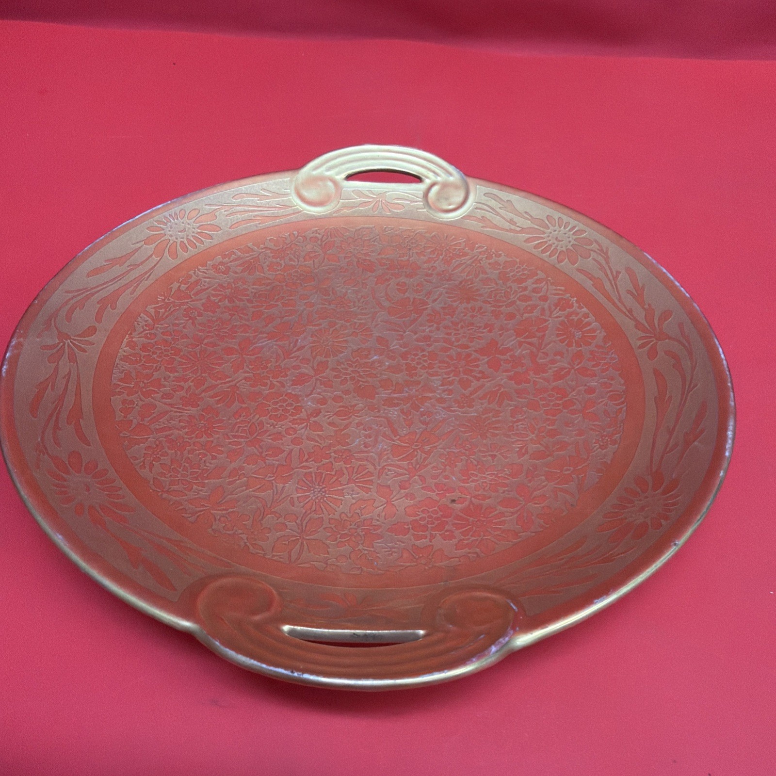 Vintage Gold Gilt Porcelain Handled Serving Plate Floral Etched 7.35” Round Tray