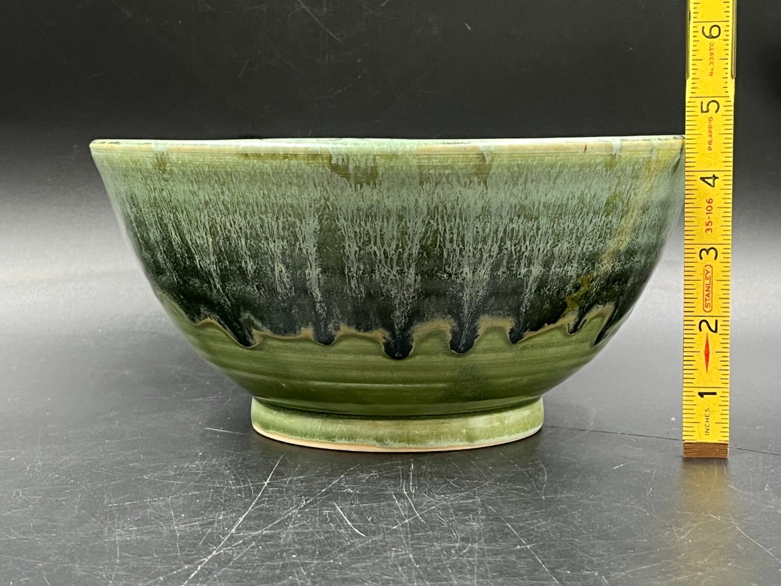 Green Drip Glazed Studio Pottery Pedestal Bowl Commemorating Four Seasons 50th