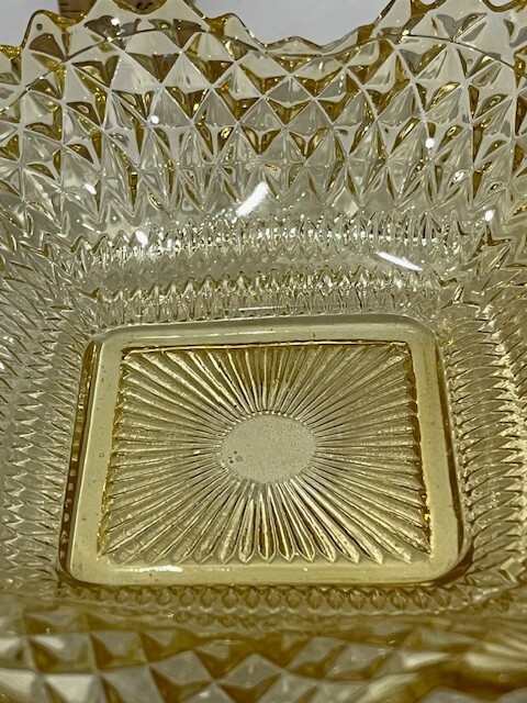 Vintage Yellow & Orange Diamond Point Sawtooth Square glass Candy Dish Bowl set