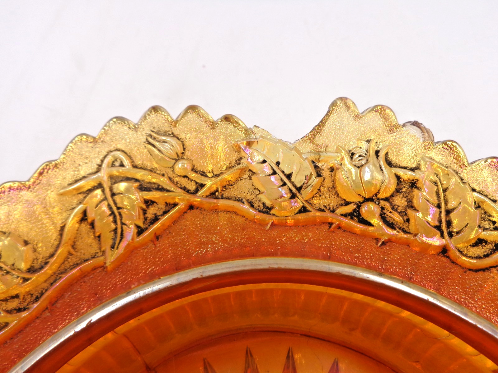 Imperial Carnival Glass Dome Lid Butter Dish Marigold Open Rose Pattern