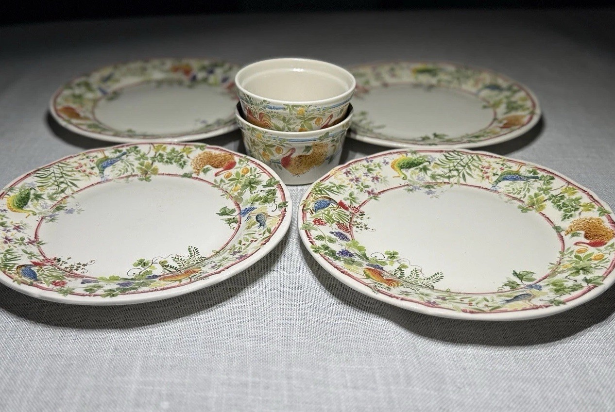 Gien France Villa Medicis Lunch Plates 9.25” Set 4 + 2 Baking Ramekins Faience