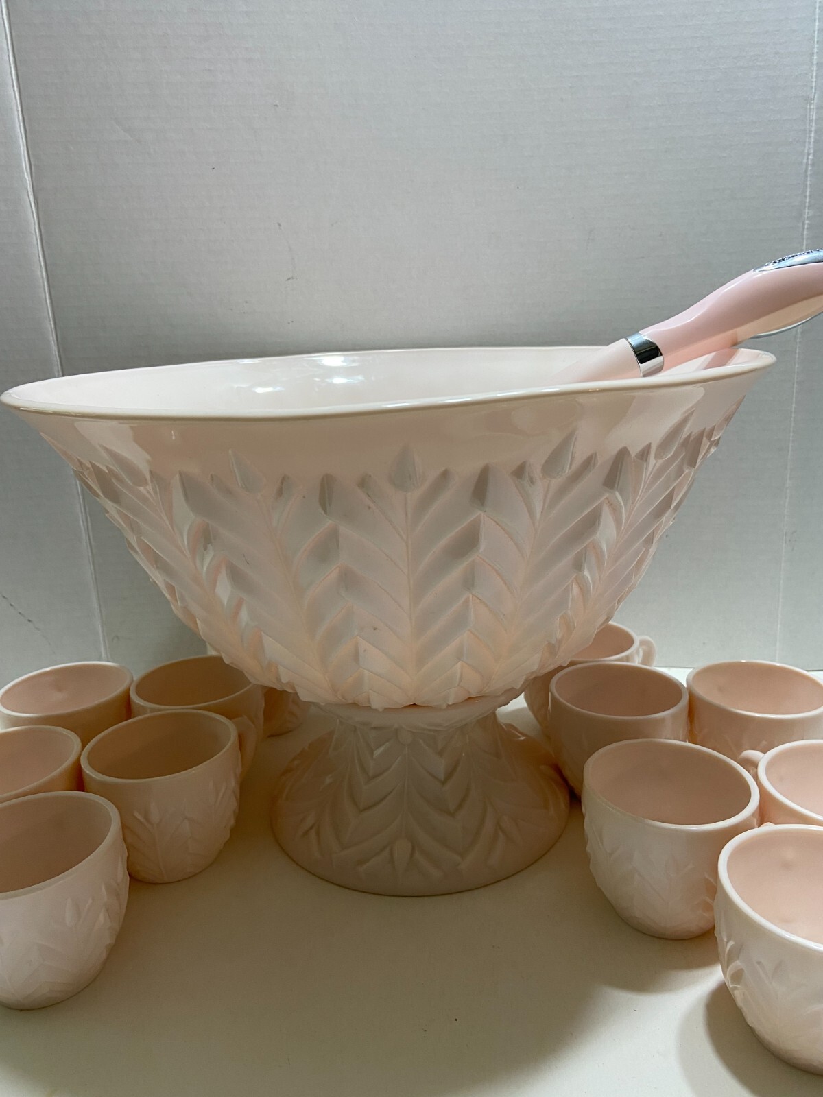 Jeannette Shell Pink Milk Glass Punch Bowl Set with Base and 12 cups Vtg 1950’s