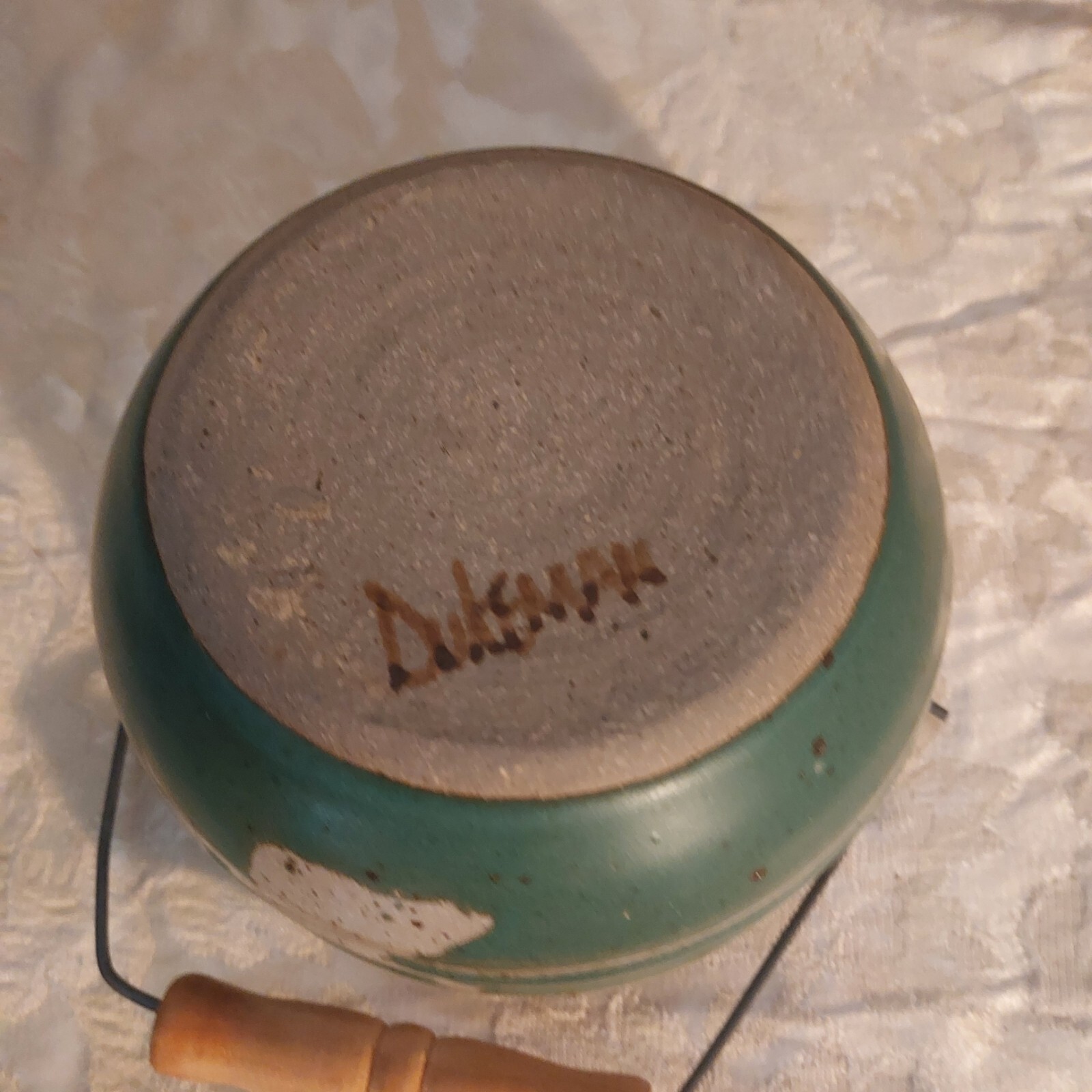 Stoneware Bail handle bowl signed small, miniature, green, tan and grey