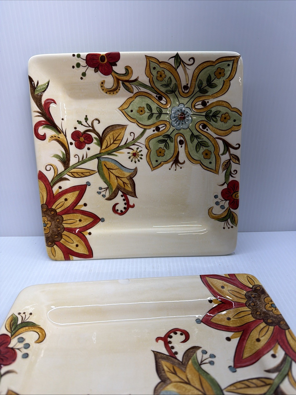 Pier 1 CARYNTHUM Floral Ceramic Square Dinner Plates ~ Set Of 2 (10.75″)