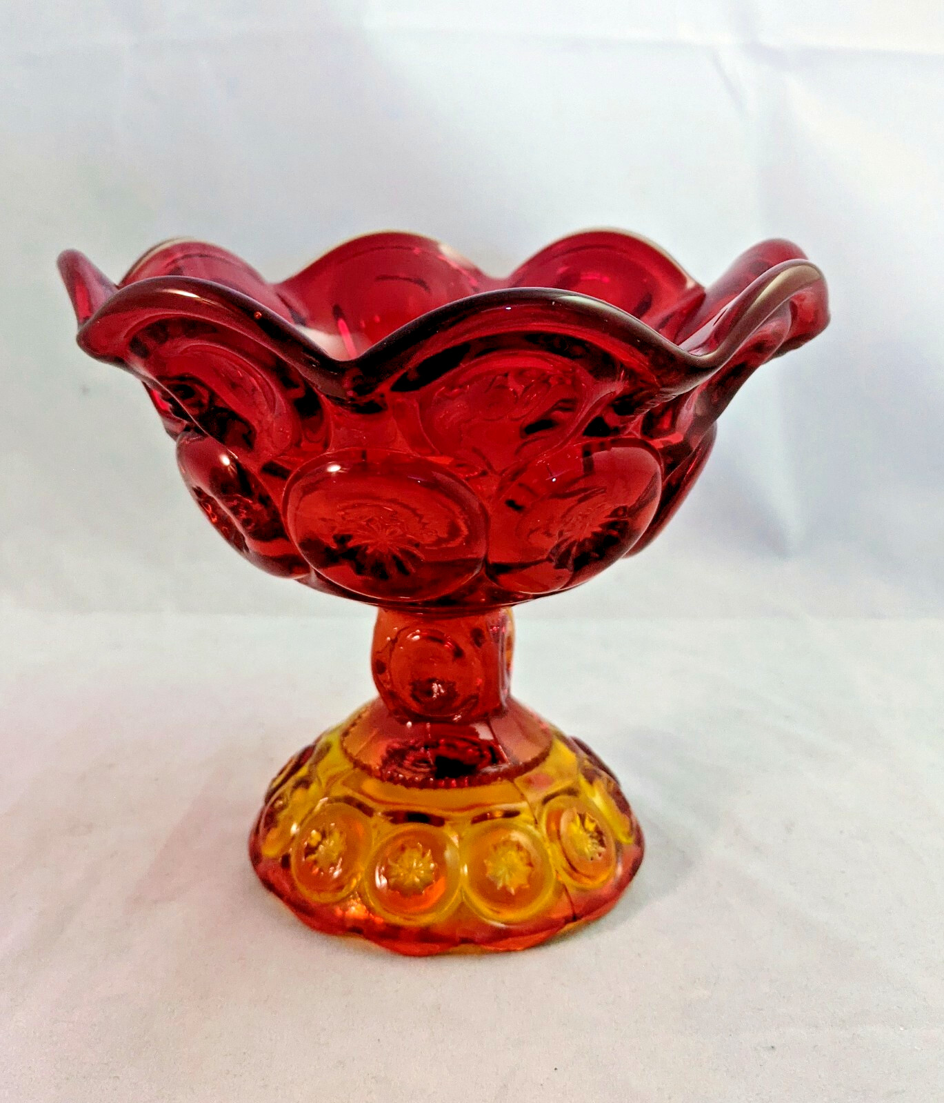 LE Smith Moon and Star Amberina Red Pedestal Glass Compote Candy Dish Vintage