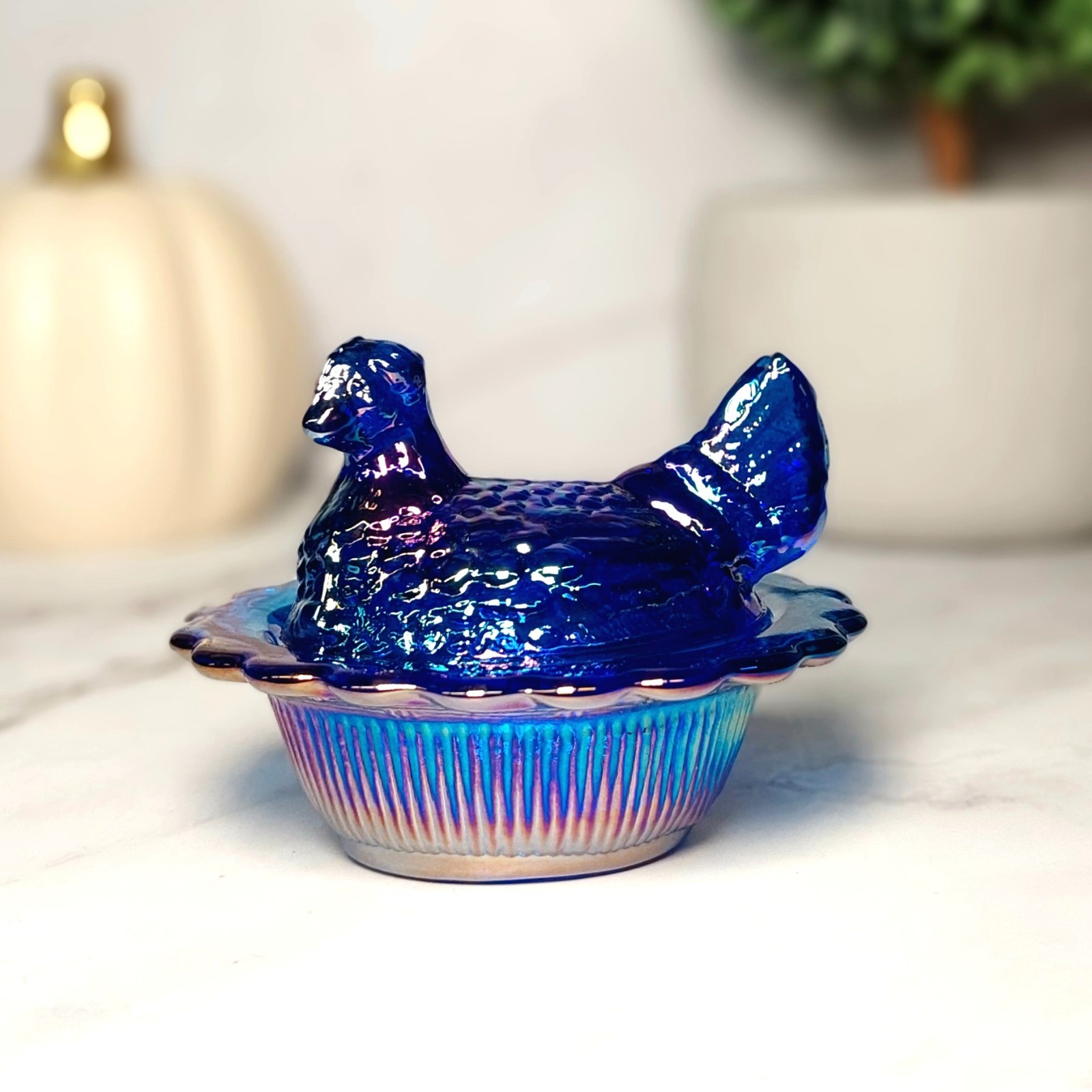 Mosser Cobalt Blue Carnival Glass Hen on Nest Salt Dish, Mini Chicken, VTG Style