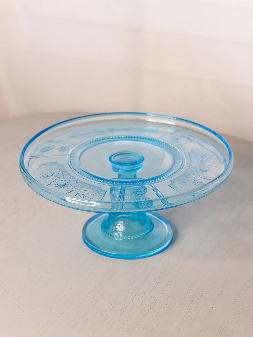 Antique Small Bryce Glass Willow Oak Blue Cake Stand