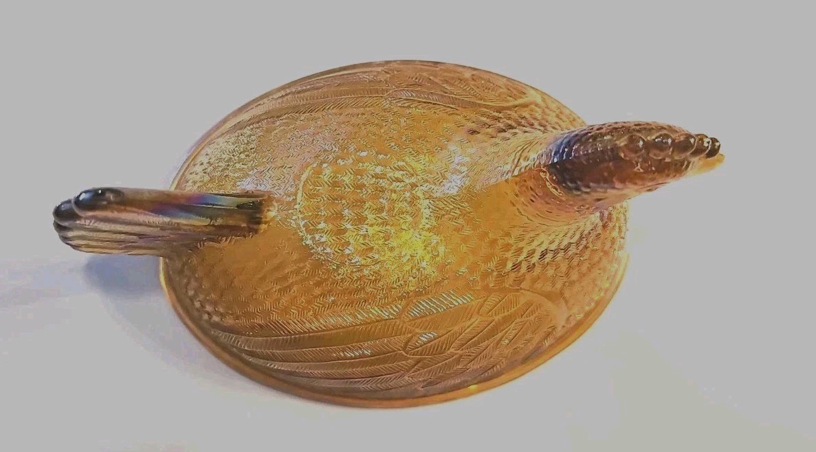 Vintage Indiana Golden Carnival Glass Hen on Nest Dish w/ Lid Oval Beaded Base