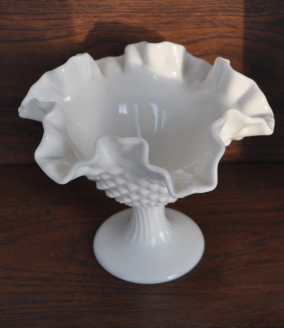 HOBNAIL MILK GLASS RUFFLED PEDESTAL BOWL 5 1/2 INCHES TALL