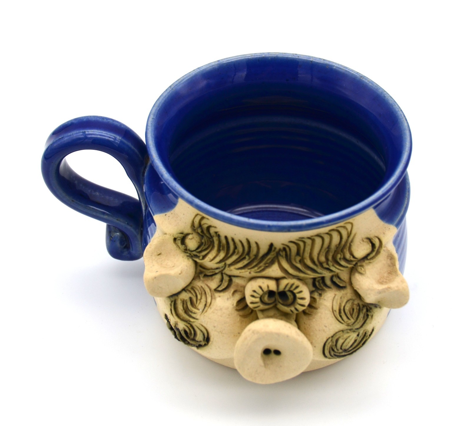 Vintage T. Bradford Signed Pig Face Stoneware Mug Blue Folk Art Pottery Handmade