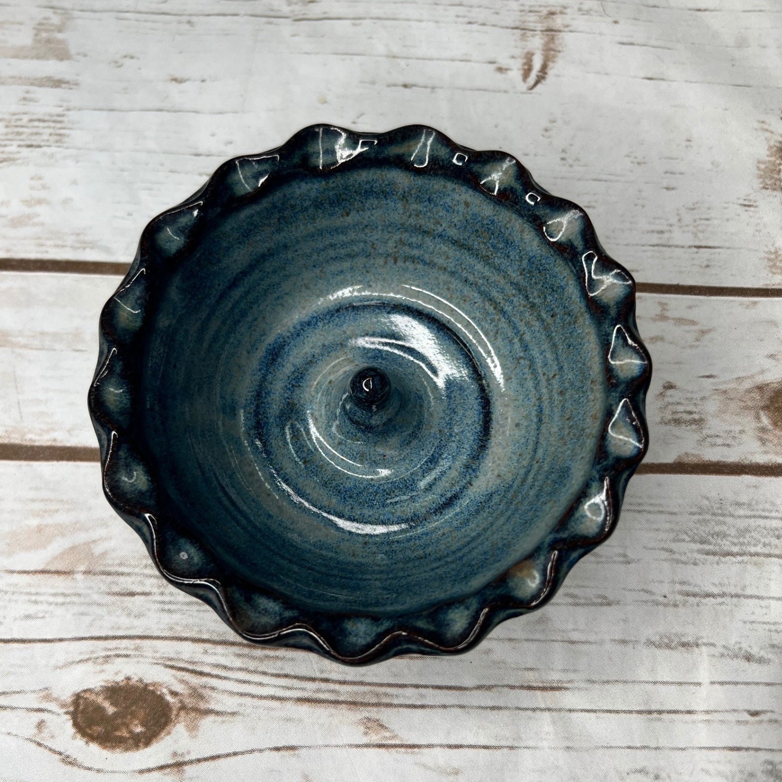 Handmade Clement Clayworks Studio Pottery Apple Baker Blue Scalloped 5in