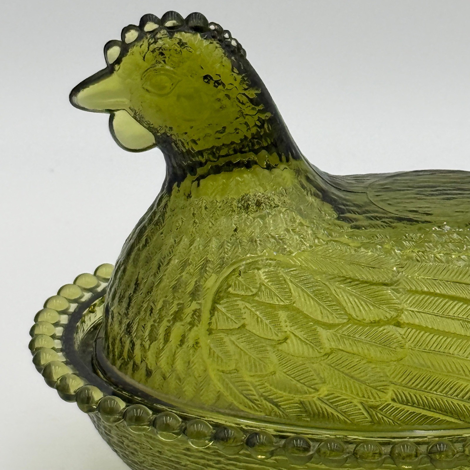 Vintage Olive Green Glass Hen on Nest Covered Candy Dish Farmhouse Decor 5.5in