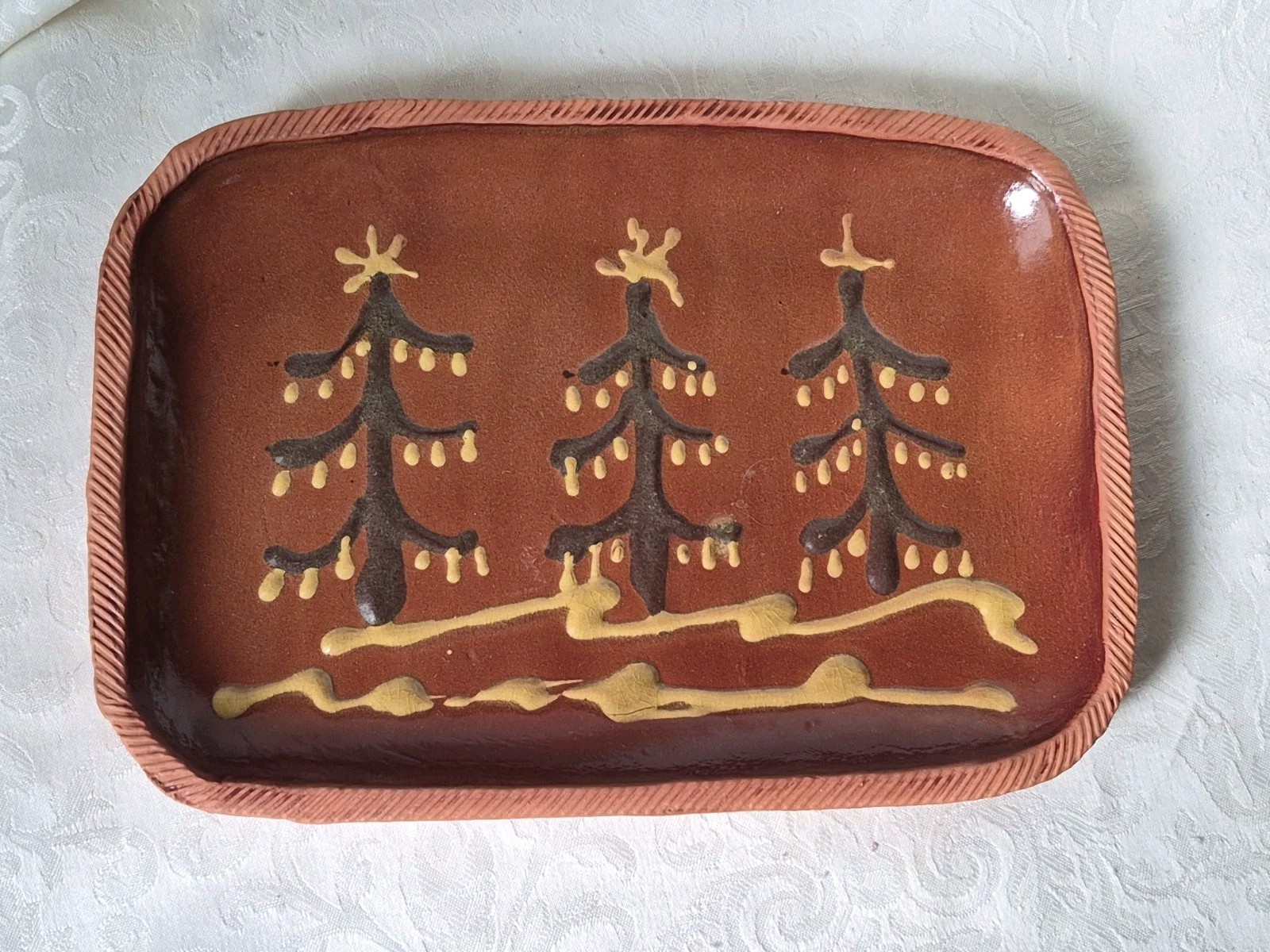 Rare sgd Bullard Pottery MA Red Clay Slipware Pottery Christmas Tree Plate Wow!