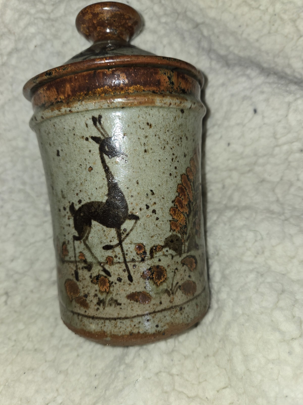 Pottery 6″ Lidded Canister Trinket Jar Speckled Glaze Deer With Trees No Cracks
