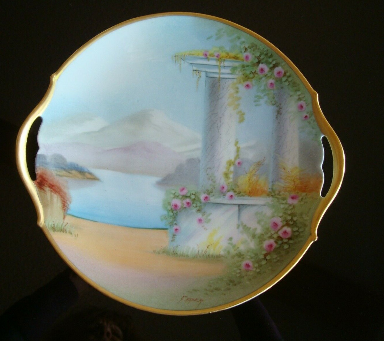PICKARD HAND PAINTED VELLUM SIGNED “GASPER” CAKE PLATE, ITALIAN GARDEN, 10″