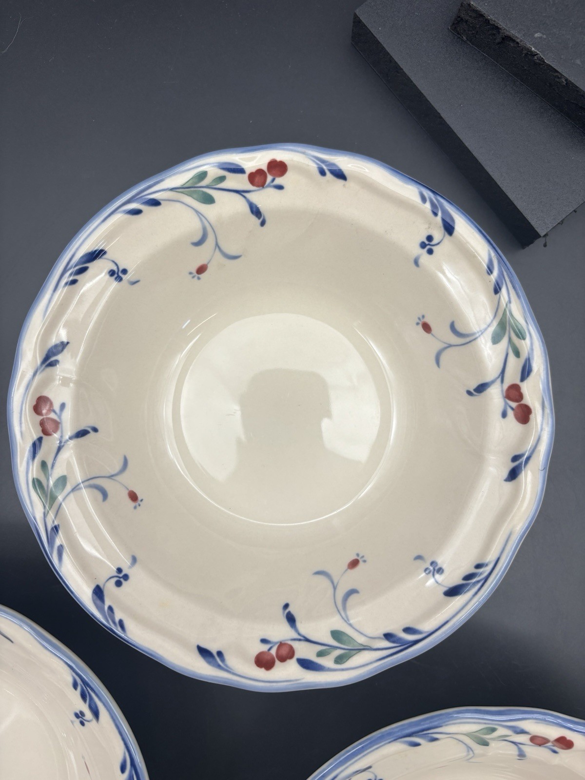 4 Epoch Berry Grove Rimmed Soup Bowls VTG Red Berries Blue Scalloped Discontinue