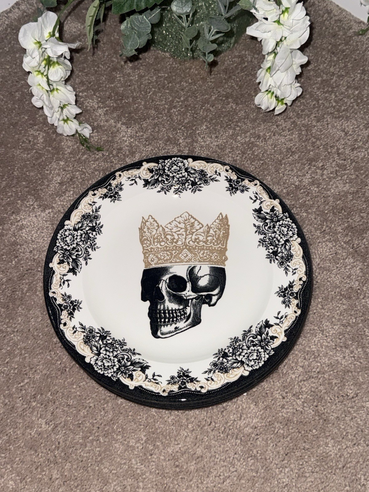 Set/6 Royal Stafford England Halloween Royal Skeleton W/ Crown 11″ Dinner Plates