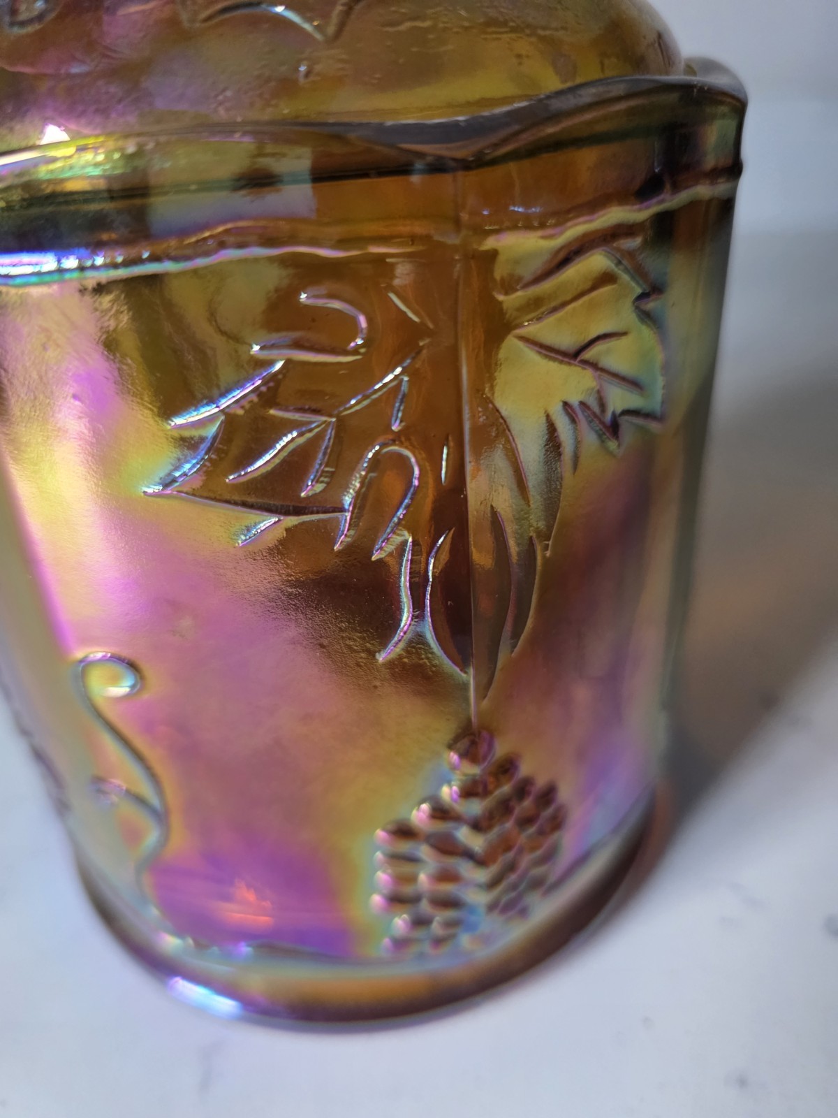 Vtg Indiana Carnival Glass Marigold Iridescent Harvest Grape Candy Jar w/ Lid