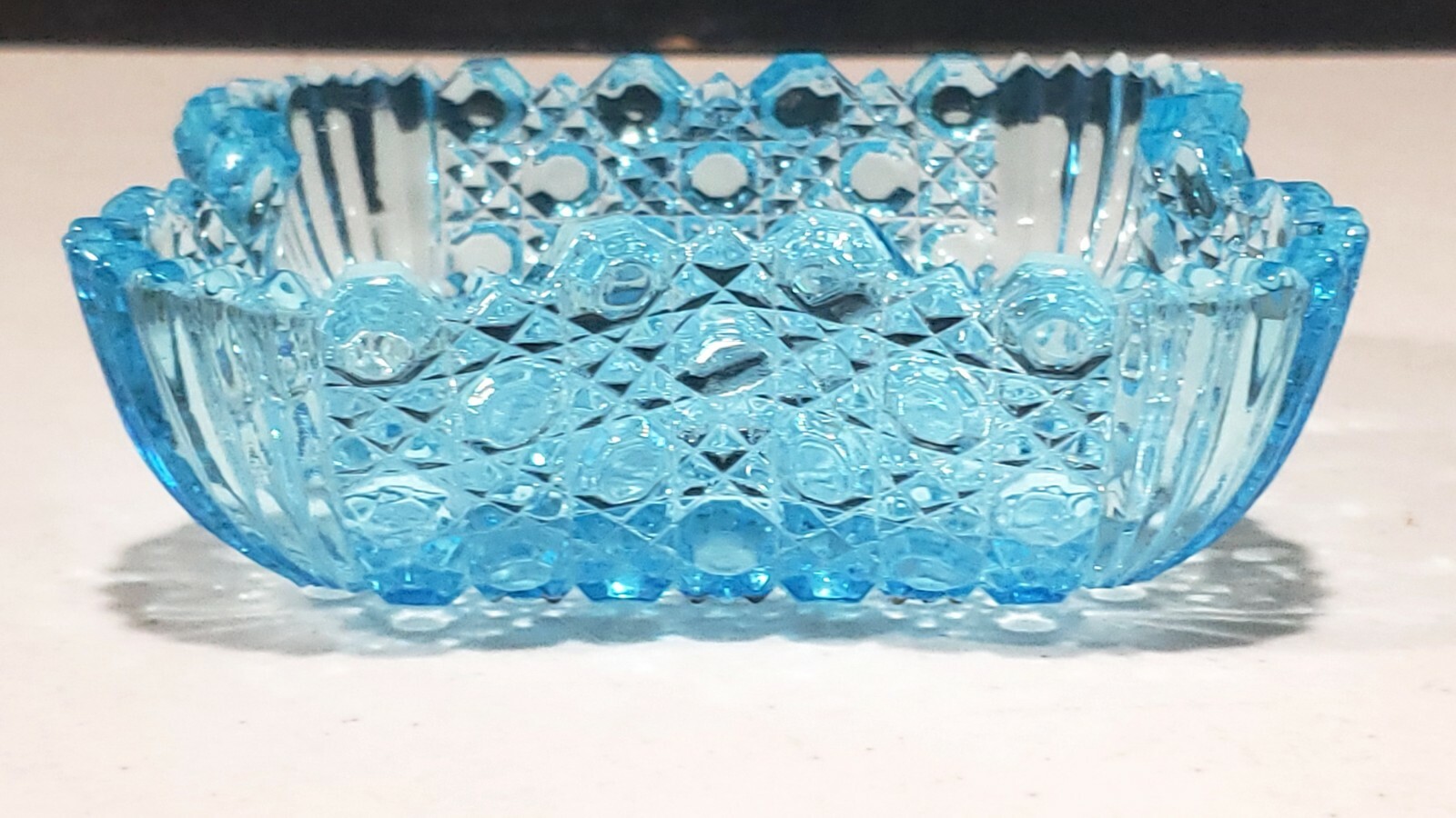 Antique EAPG Pinched Sides Banded Button Blue Fan Corners Glass Bowl