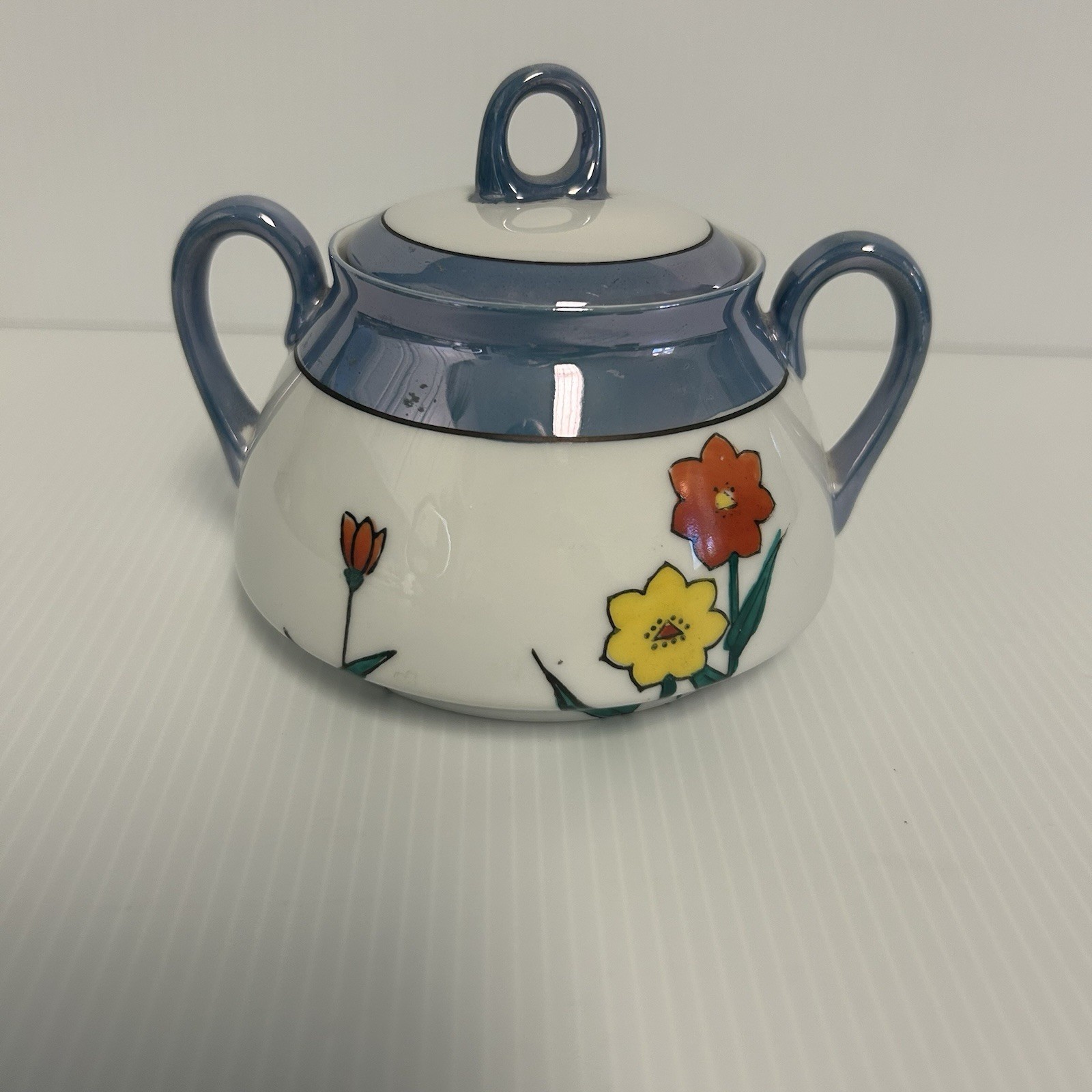 Meito Vintage China Blue Lustre Ware Sugar Bowl Hand Painted Made In Japan