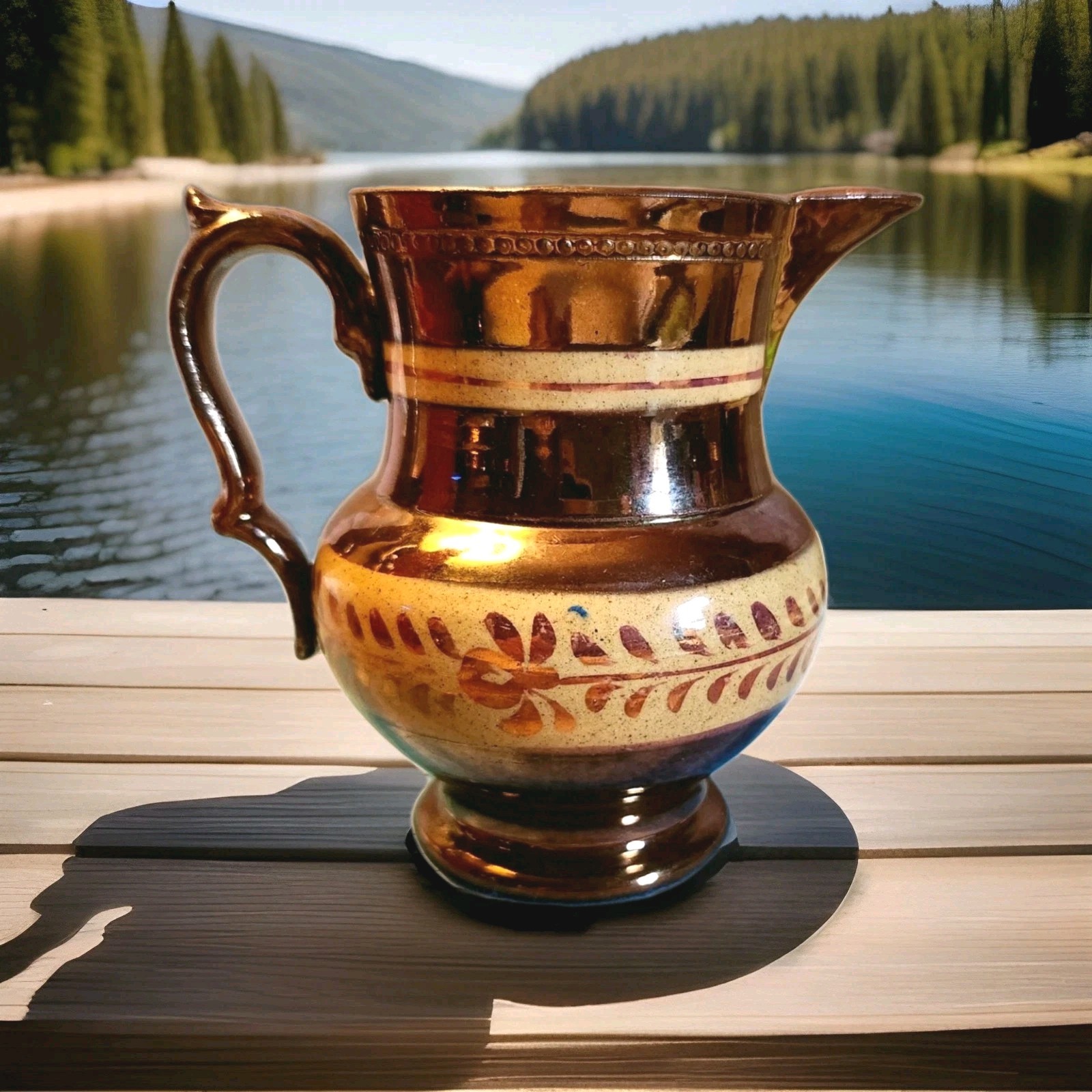 2 English Copper Lusterware Pitchers Staffordshire Pottery 1850-1899 England
