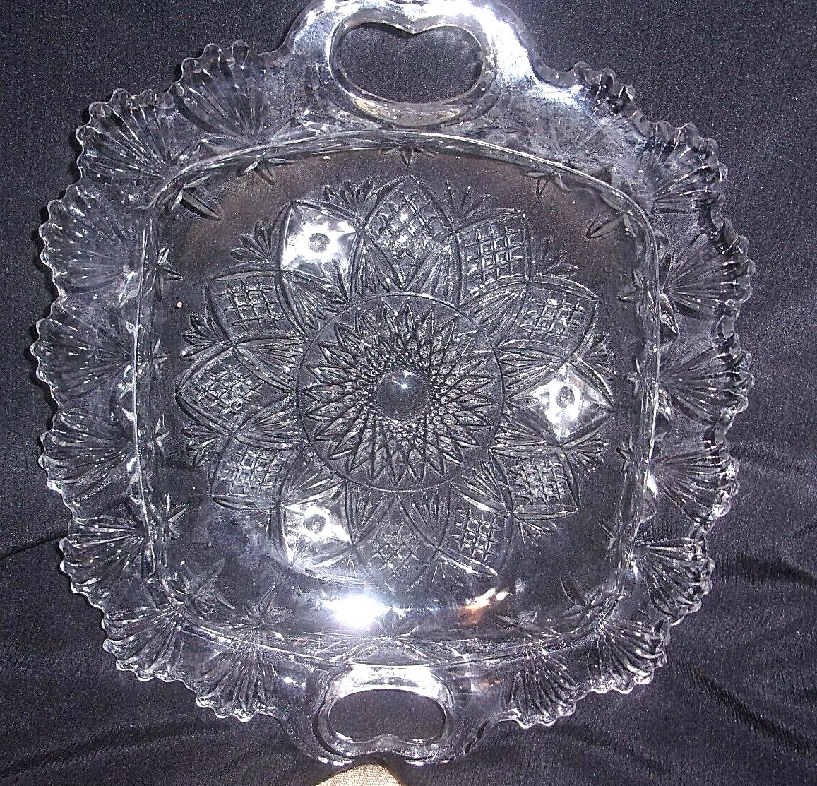 Antique 1919 AMB Period Square Cut Glass 3-Footed 10″ Bowl-Heart Handles-EUC