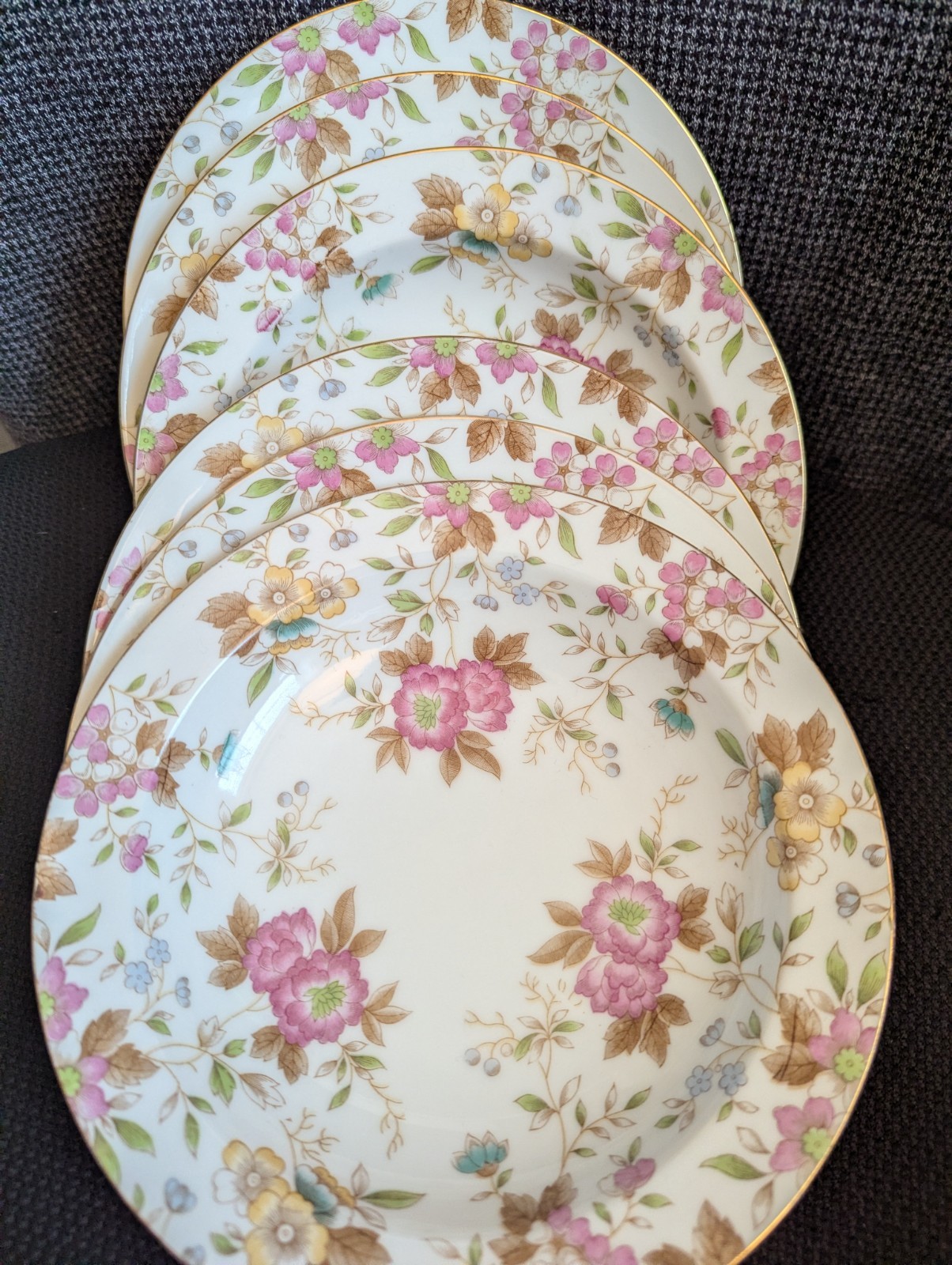 Cherry China Set of 6 Floral Plates Made in Japan Round White Pink Green