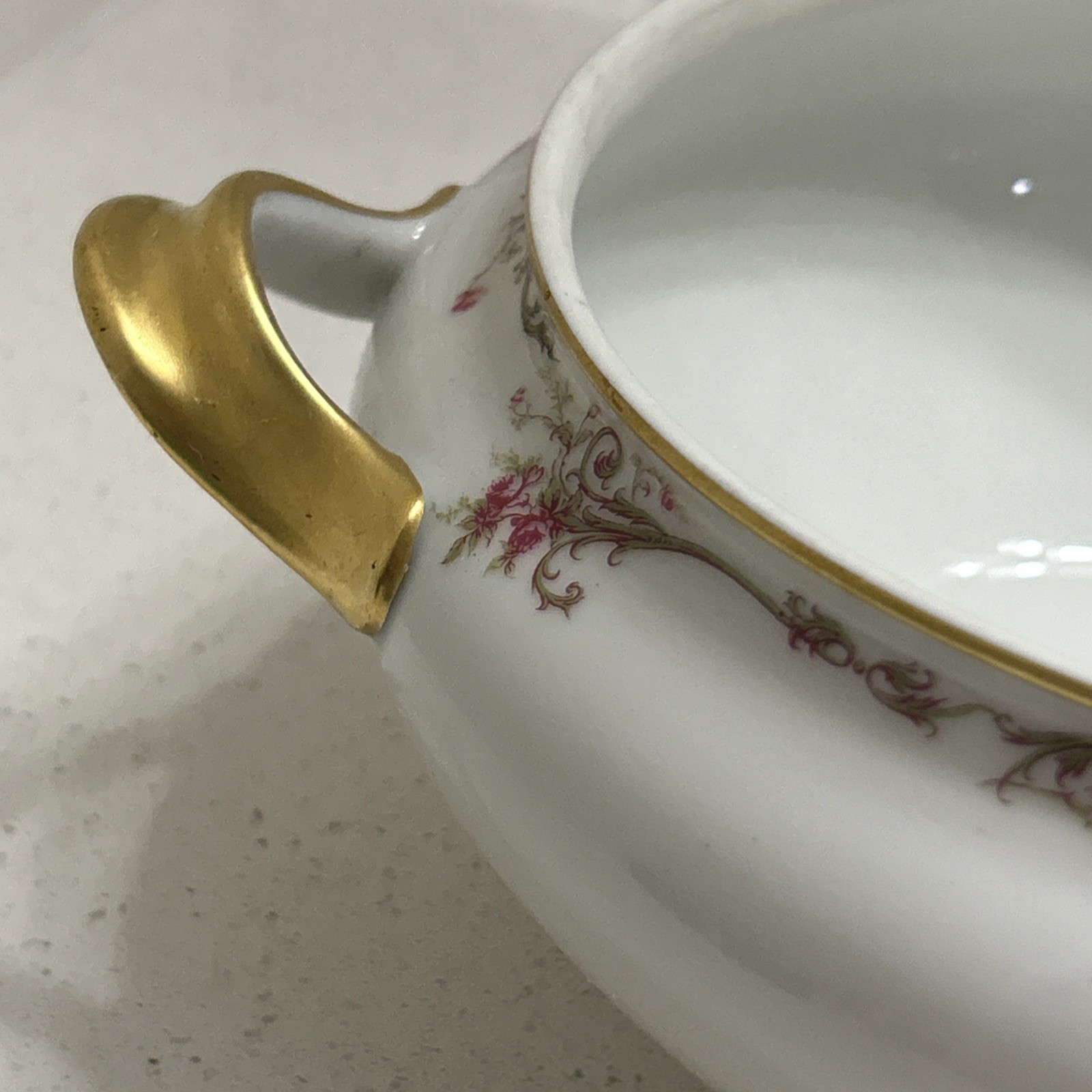 Haviland Limoges France Handled Casserole Dish Pink Rose Garland & Gold Trim