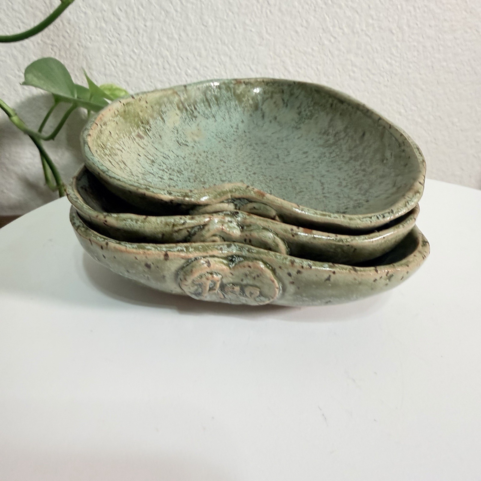 Ceramic Studio Art Pottery Glazed Heart Leaf Print Trinket Dish Tray Signed 3