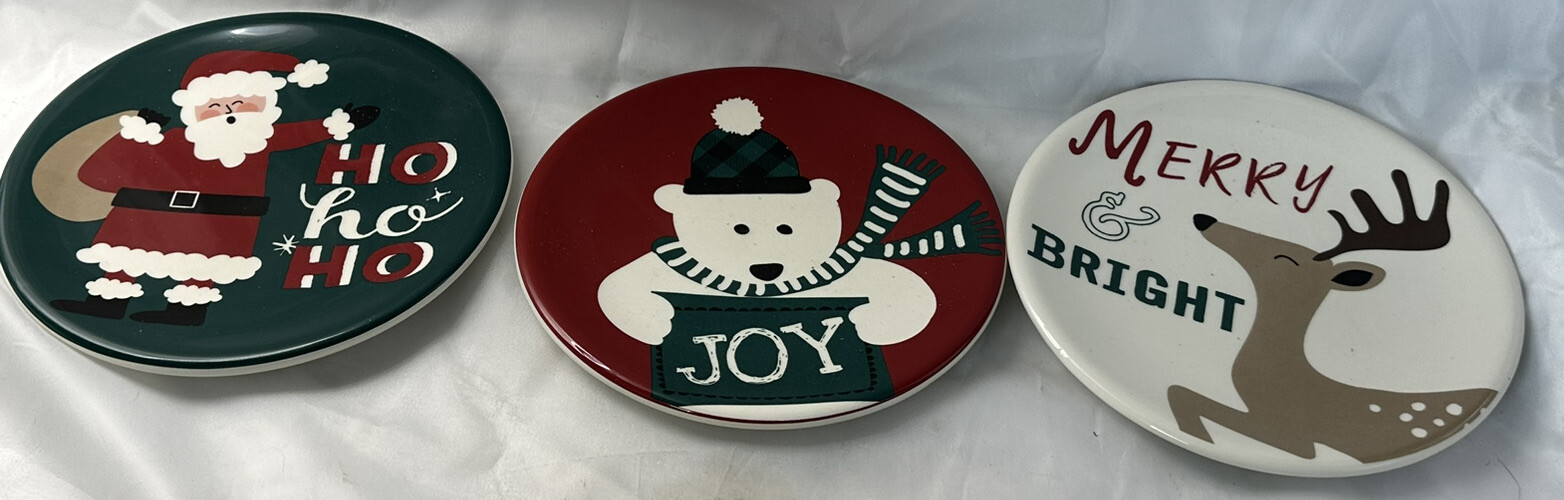 Holiday Home Santa Christmas Salad / Dessert Plate 6.5 Inches Set of 3