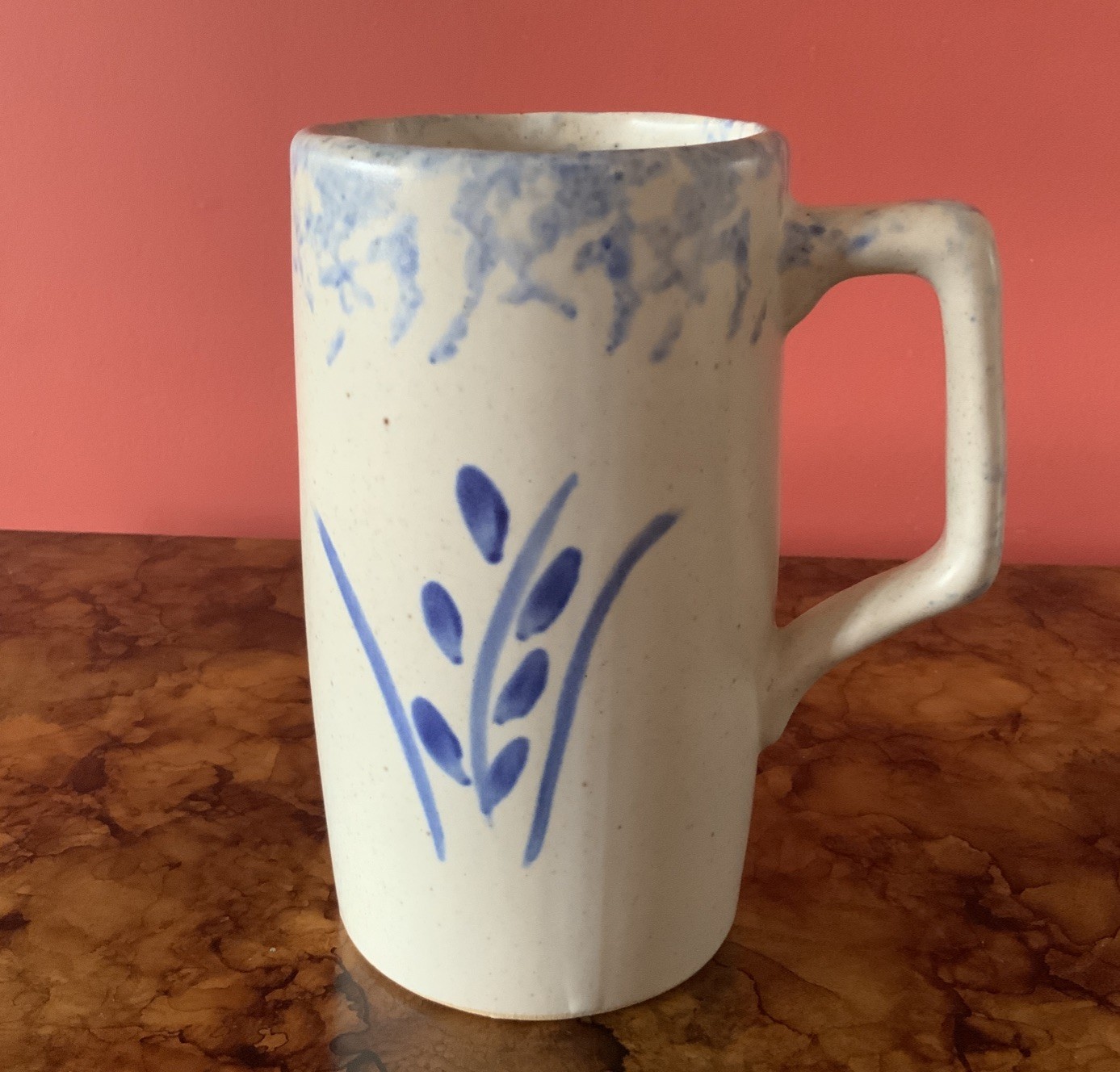Roseville Handmade Pottery Tall Mug Cream And Blue 5 1/2 Inches