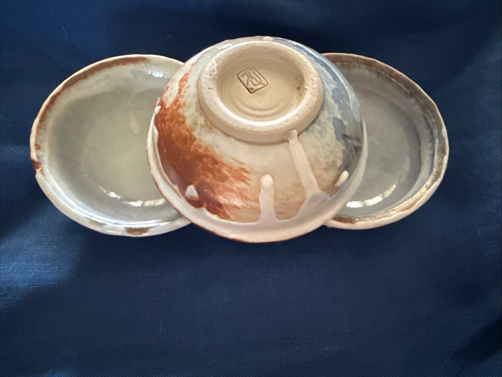 Studio Pottery Set 3 Hand Thrown Dip Bowl Drip Glaze Blue Brown Tones 1.25″x 3″