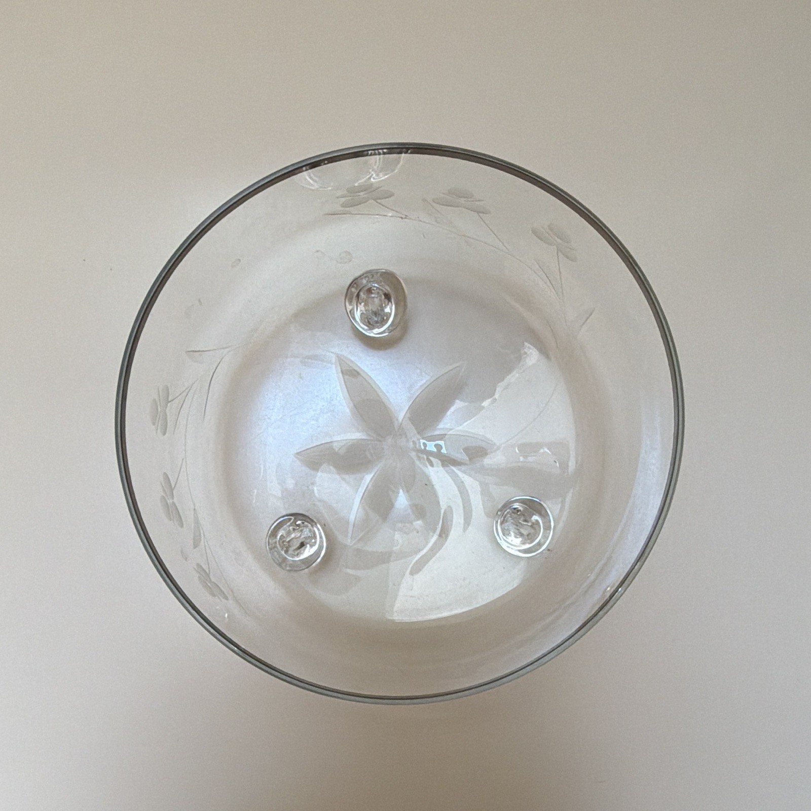 Clear Glass Floral Etched Compote Pedestal Bowl w/ Black Metal Leaf Vine Stand