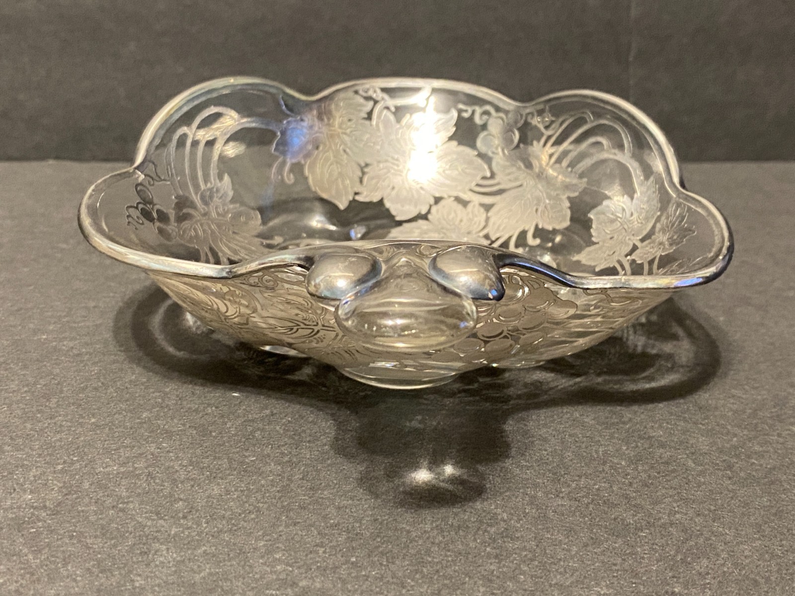 Vintage Silver Overlay Glass Candy Nut Dish Grape Vines Leaves Grapes