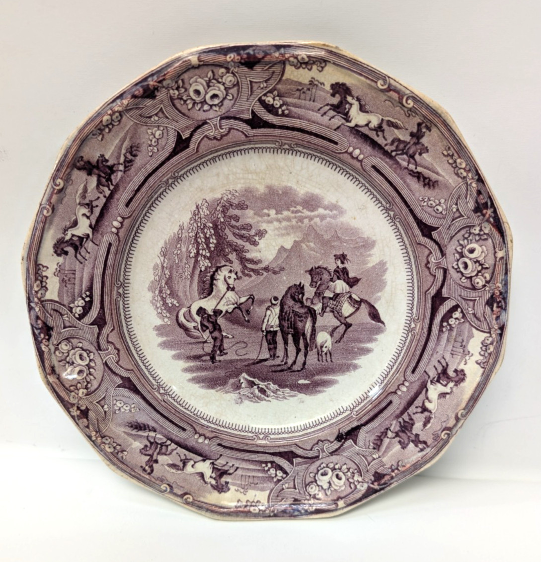 Antique Shaw’s Peruvian Horse Hunt Purple/Brown Transferware Plate Staffordshire