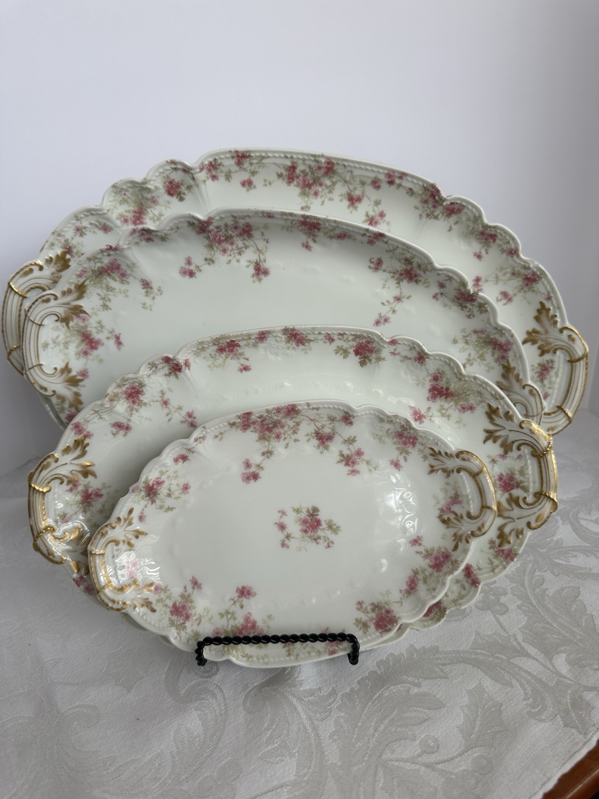 4 Charles Field Haviland Limoges Embossed Serving Platters W/Pink Floral Sprays