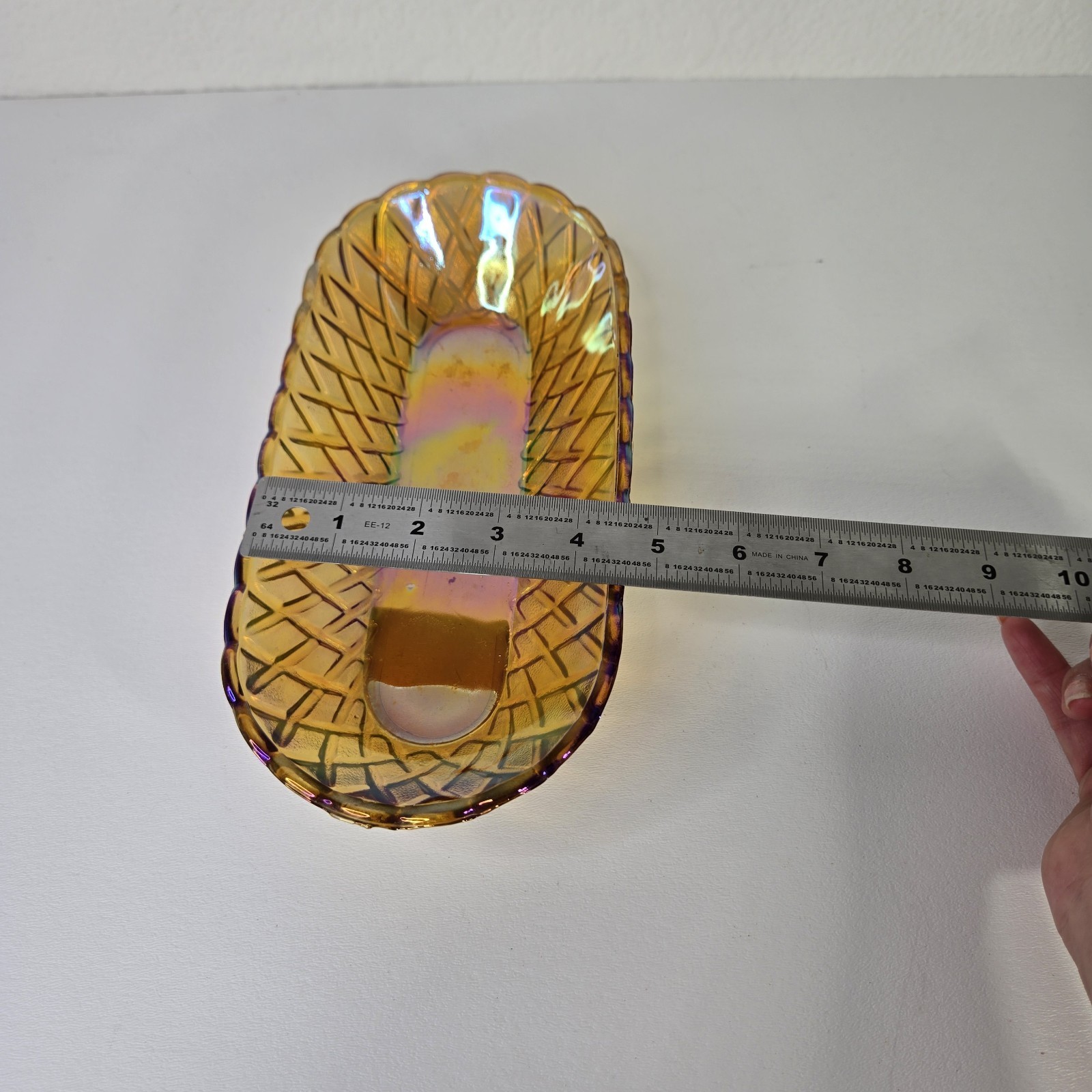 Vintage INDIANA Glass Amber Marigold Oblong Basket Weave Pattern Relish Dish