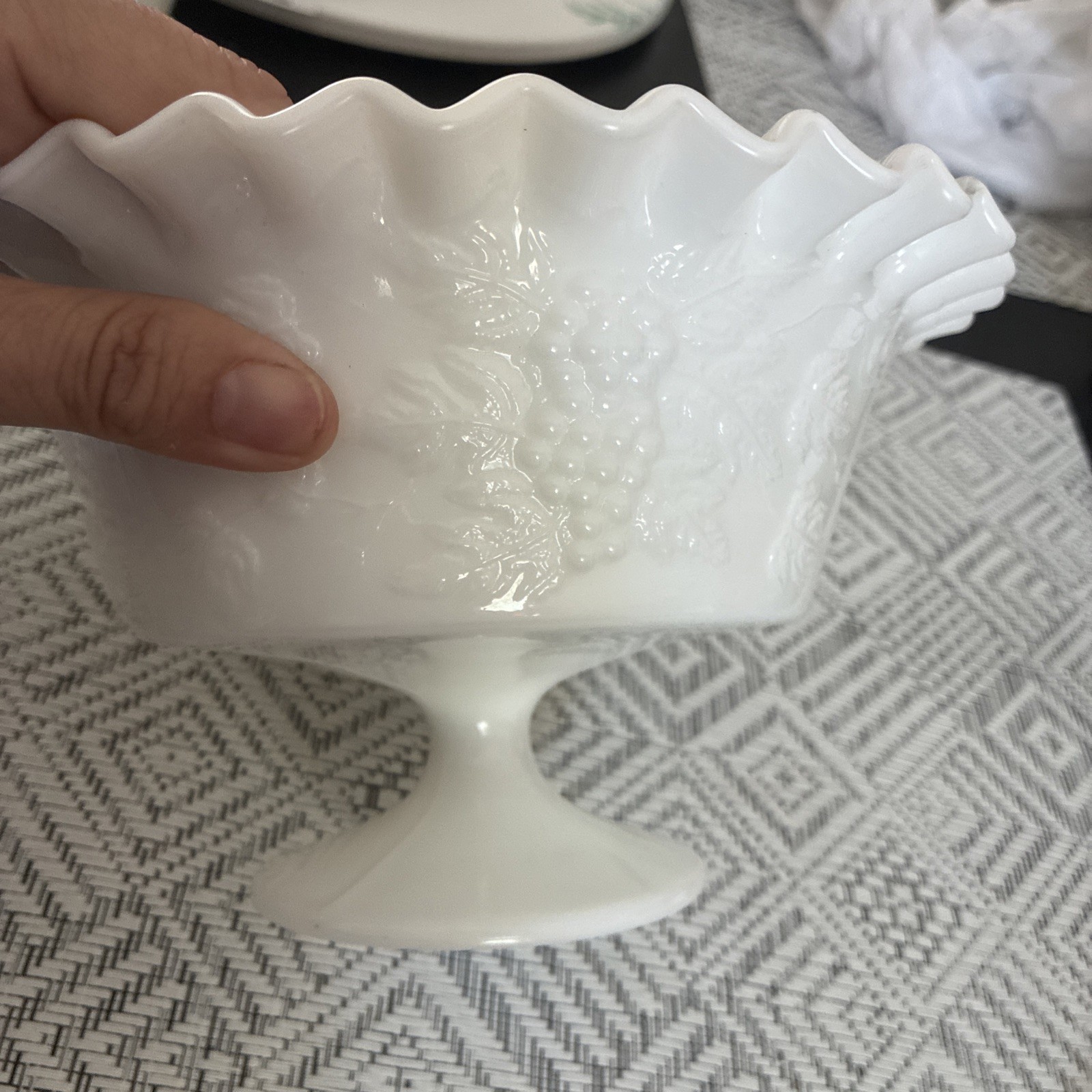 Ruffled Edge Milk glass Pedestal Fruit Bowl 8”