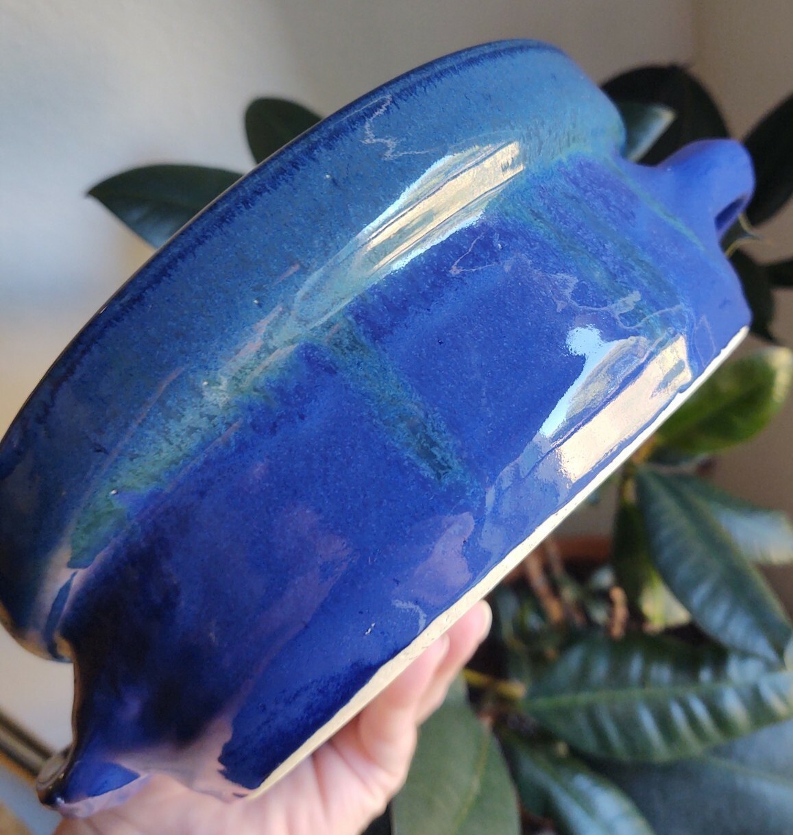 Vintage Studio Pottery Ceramic Handmade Blue Green Drip Glaze Lidded Dish Signed