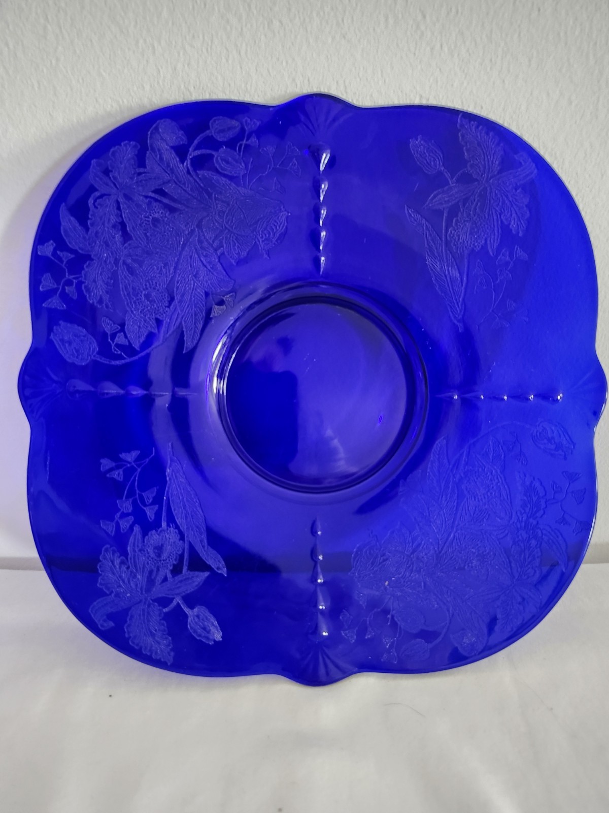 Paden City 10″ Cobalt Blue Glass Square Console Tray plate Orchids Crows feet