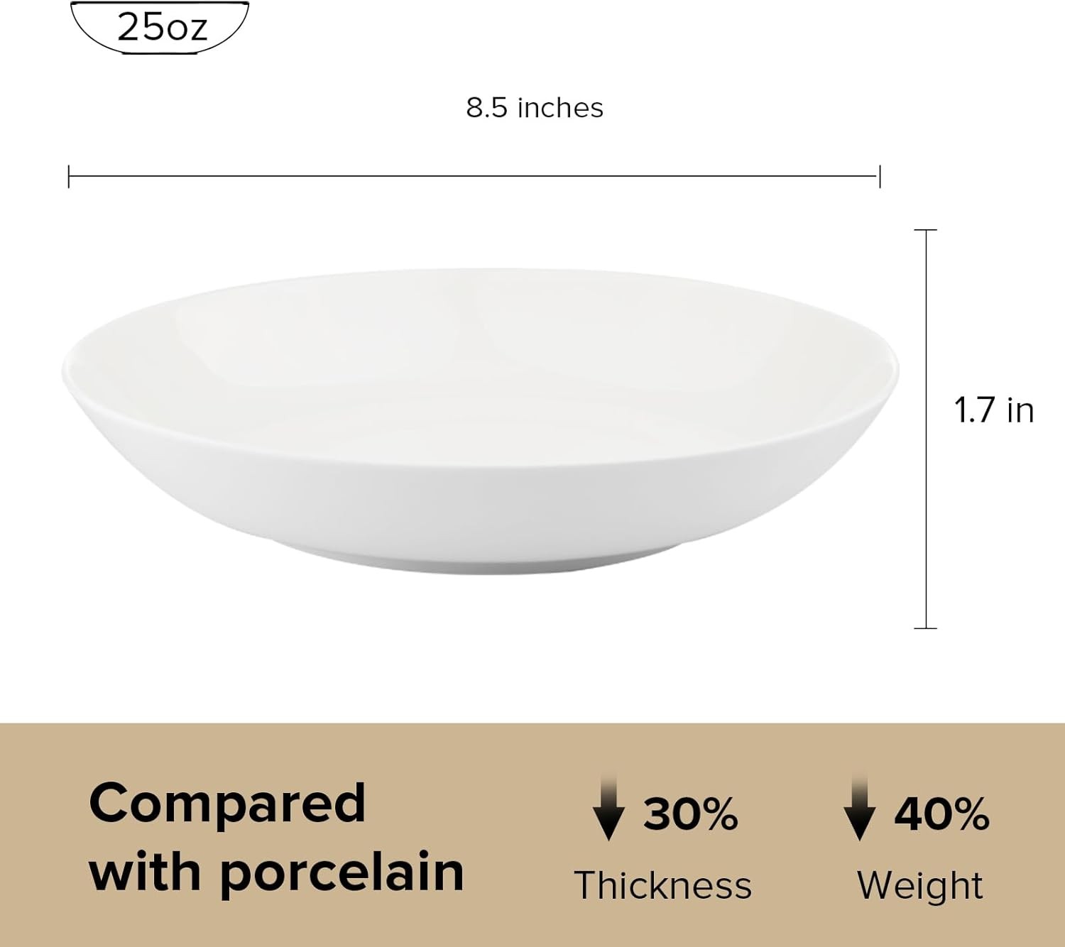 Fine Bone China Deep Plate Pasta Bowl 8.5 Inches Set of 6 Fine Glaze White Color