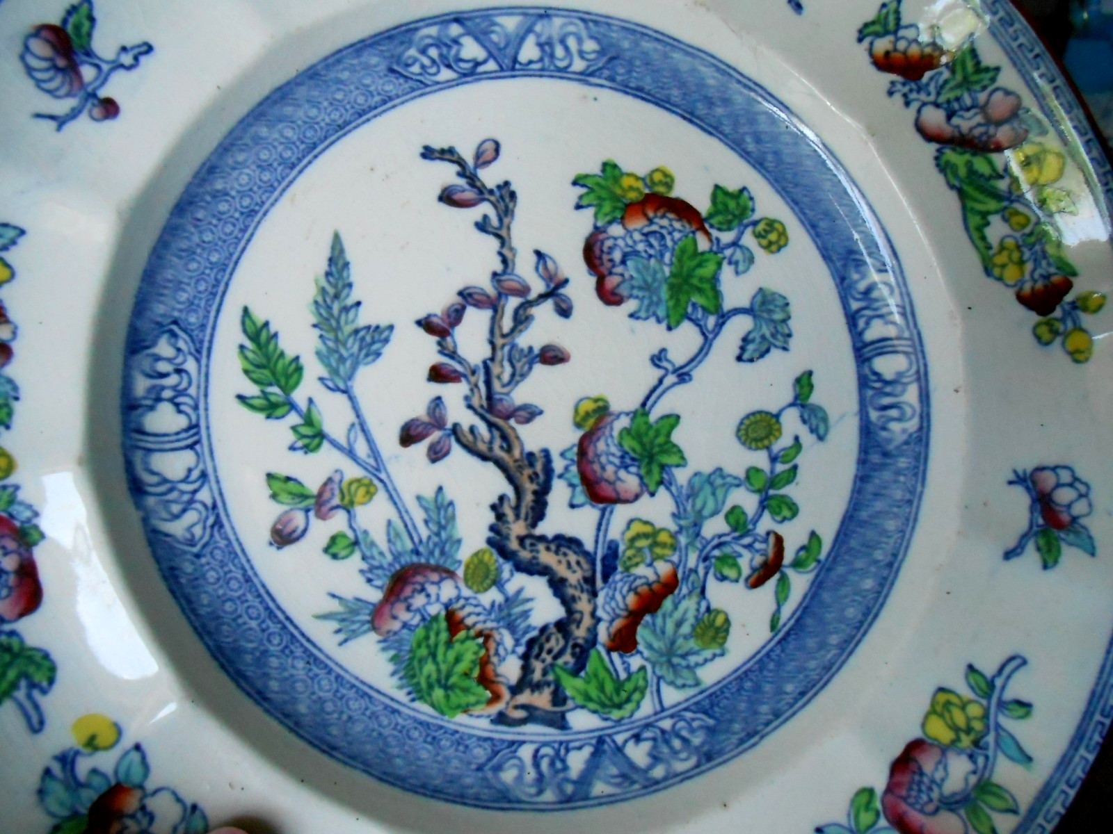 ADAMS Tunstall England Indian Tree Plate Flow Blue Transferware Polychrome