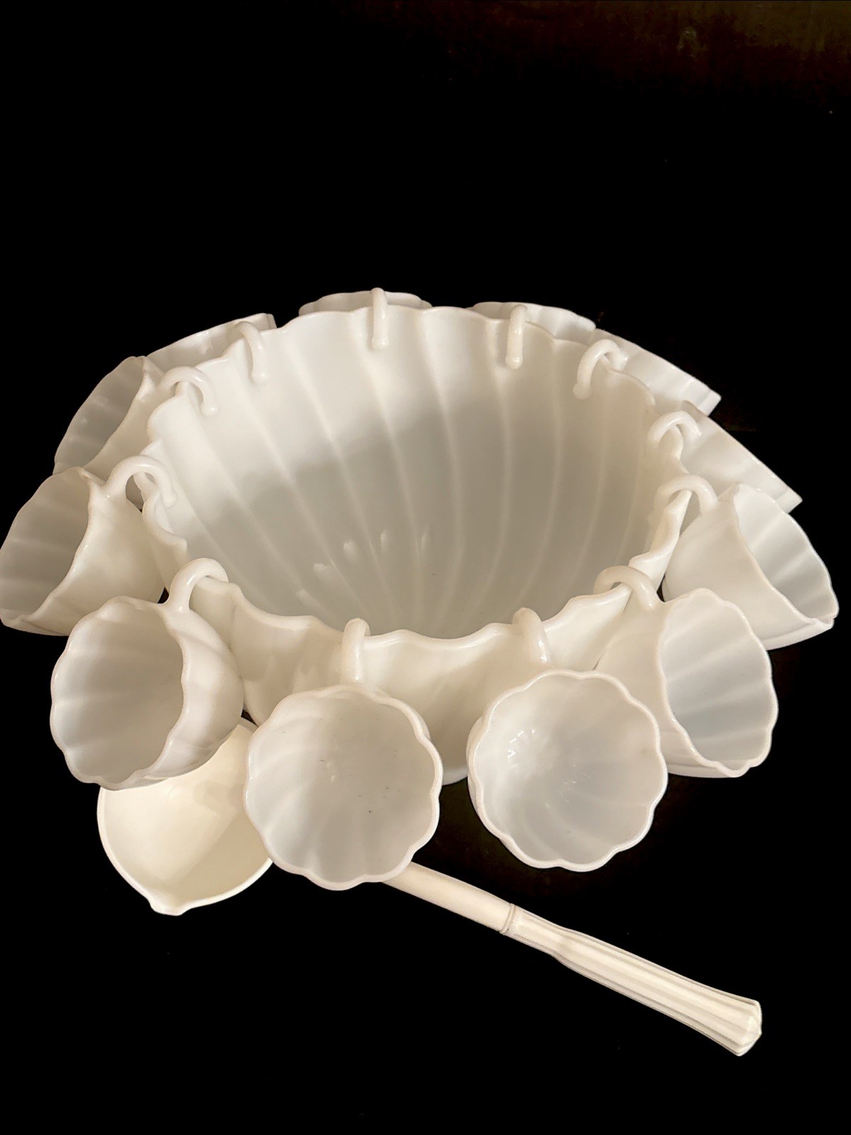 Vtg Hazel Atlas Milk Glass Alpine White Swirl Punch Bowl 12 Cups W Vtg Ladle